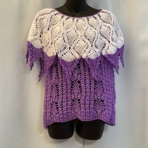 Top Women’s Medium Crochet Handmade Open Work Caplet Purple White